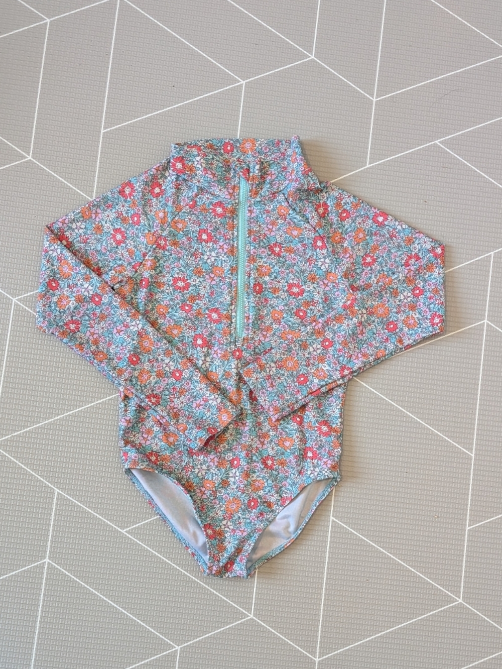 Size 7/8 - Long-Sleeve Floral One-Piece Swimsuit - Coral & Aqua
